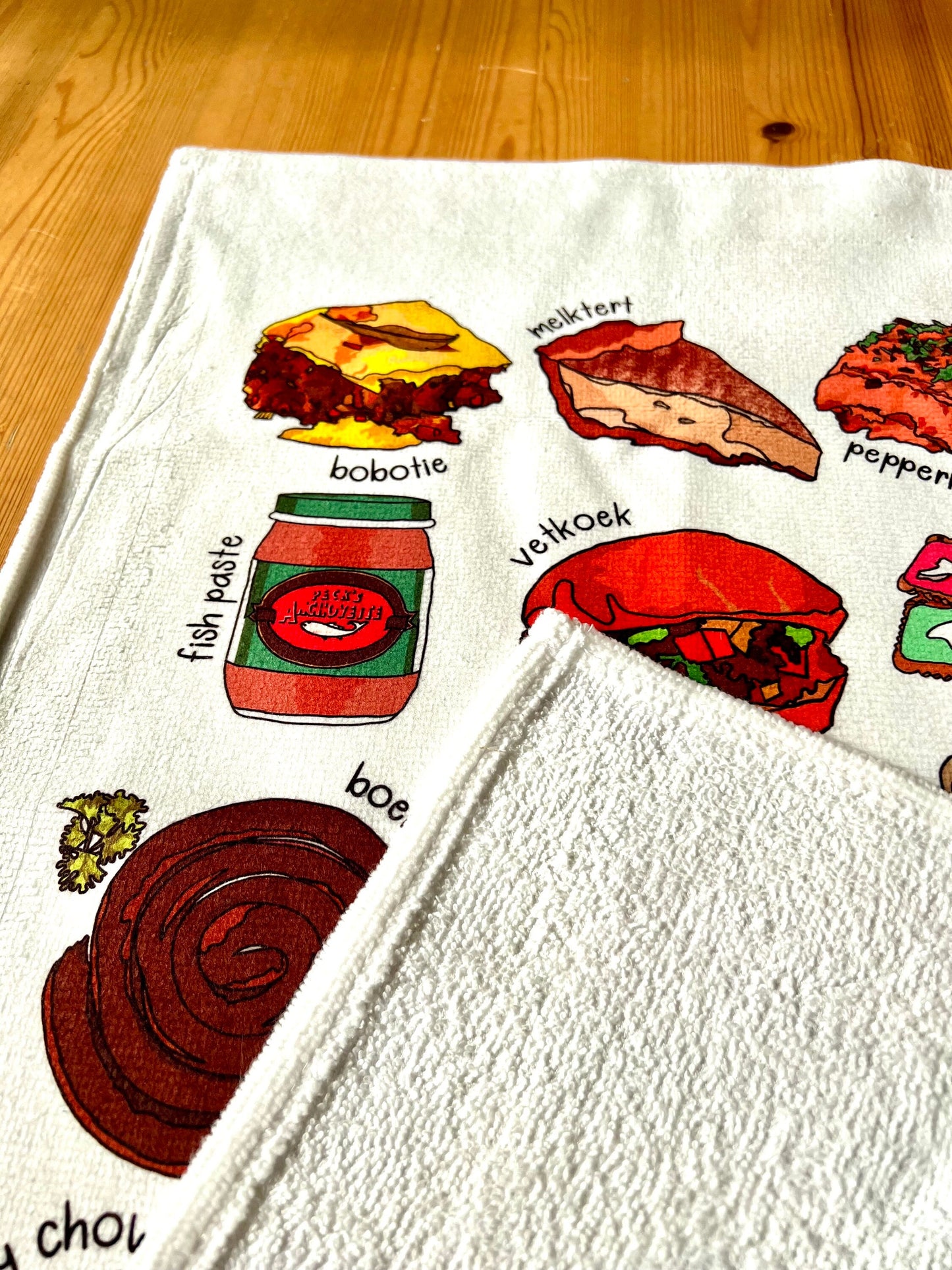 South African Foods Tea Towel Afrikaans Bar Dish Cloth Drying Hand Towel Housewarming New Home Kitchen Chef Gift Braai BBQ Hand printed