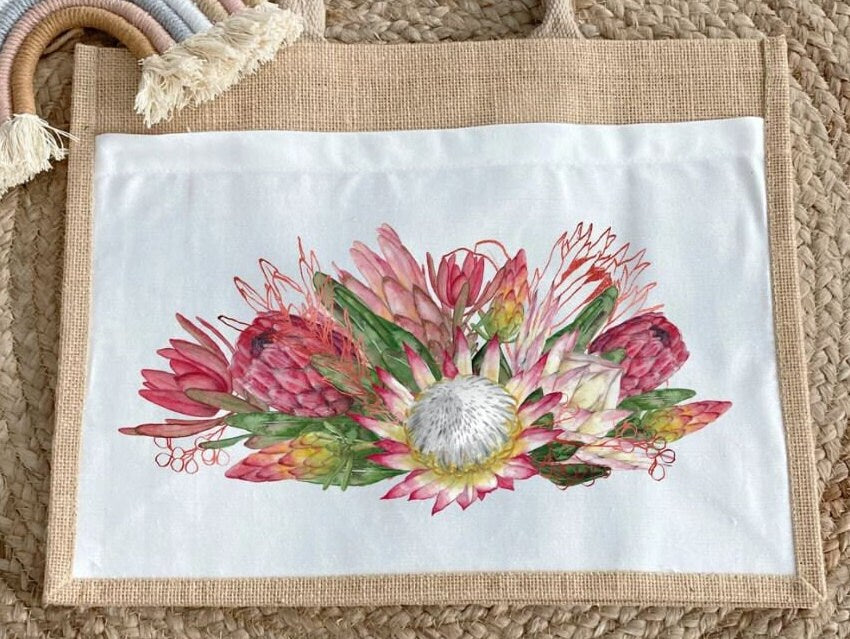 Protea Jute Bag Floral Bouquet Hessian Burlap Tote Shopping Bag Eco Friendly Reusable South African Australian Fynbos Flowers Gift for Mum