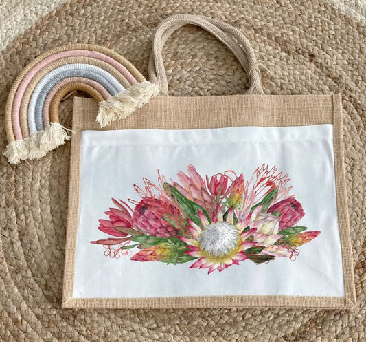 Protea Jute Bag Floral Bouquet Hessian Burlap Tote Shopping Bag Eco Friendly Reusable South African Australian Fynbos Flowers Gift for Mum