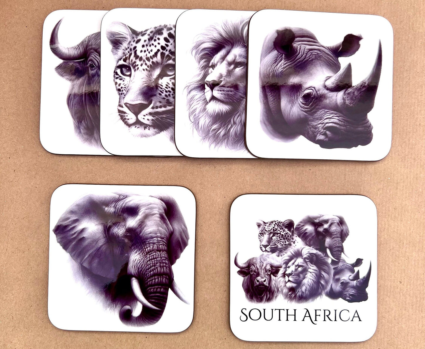 Coasters Set of Six South African Animals Big Five Sketch Art Elephant Rhino Lion Buffalo Leopard Gift for Him Dad Father's Day New Home