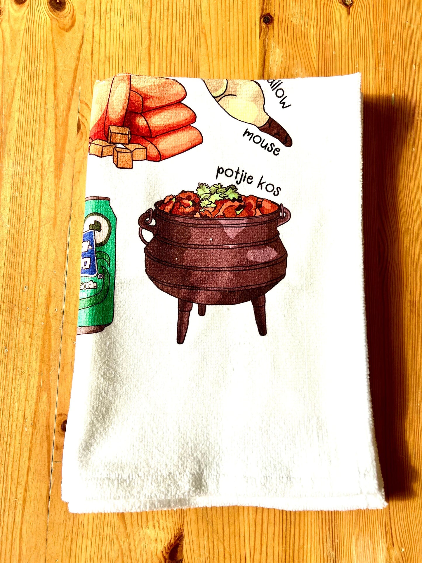 South African Foods Tea Towel Afrikaans Bar Dish Cloth Drying Hand Towel Housewarming New Home Kitchen Chef Gift Braai BBQ Hand printed