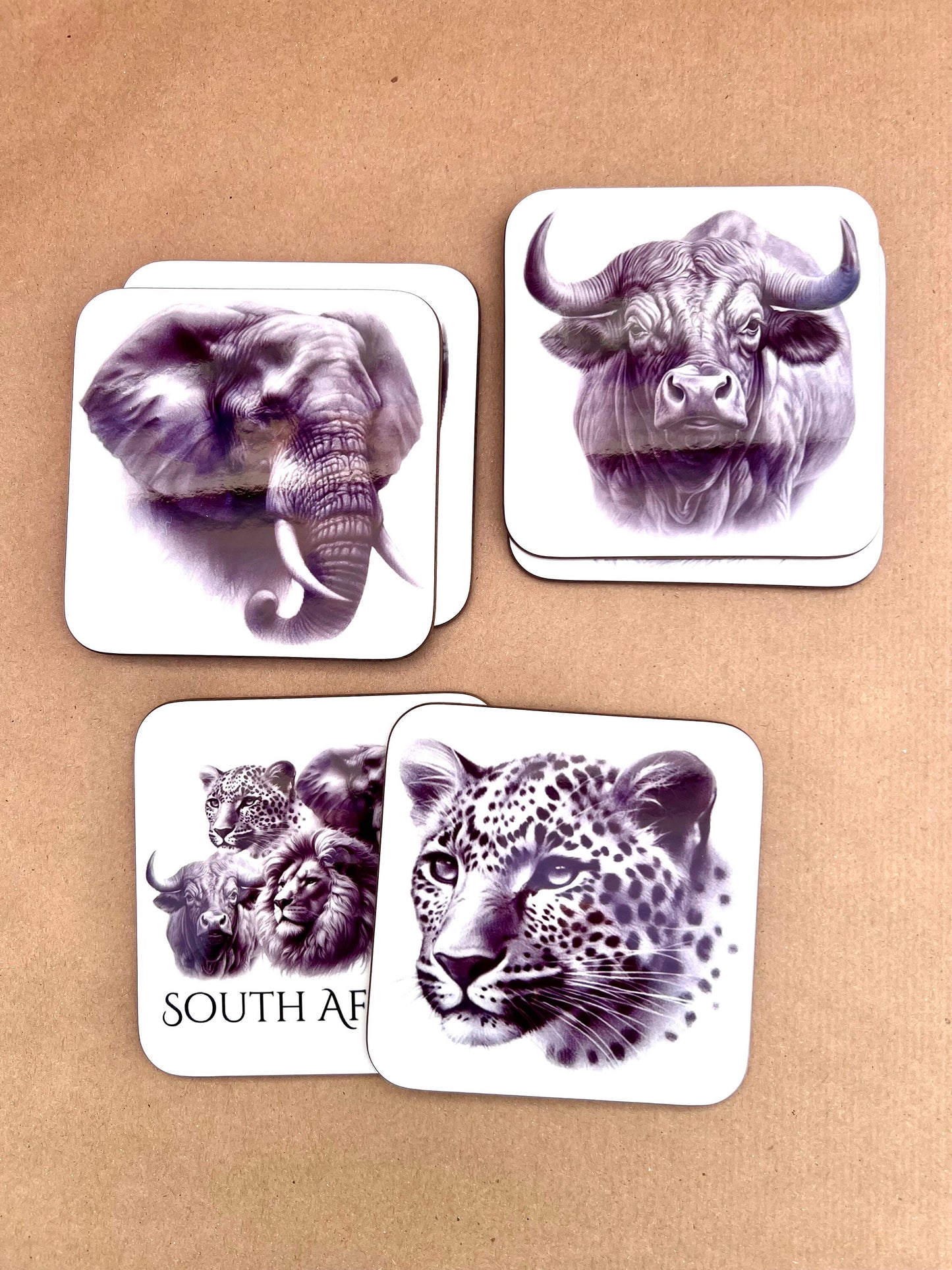 Coasters Set of Six South African Animals Big Five Sketch Art Elephant Rhino Lion Buffalo Leopard Gift for Him Dad Father's Day New Home