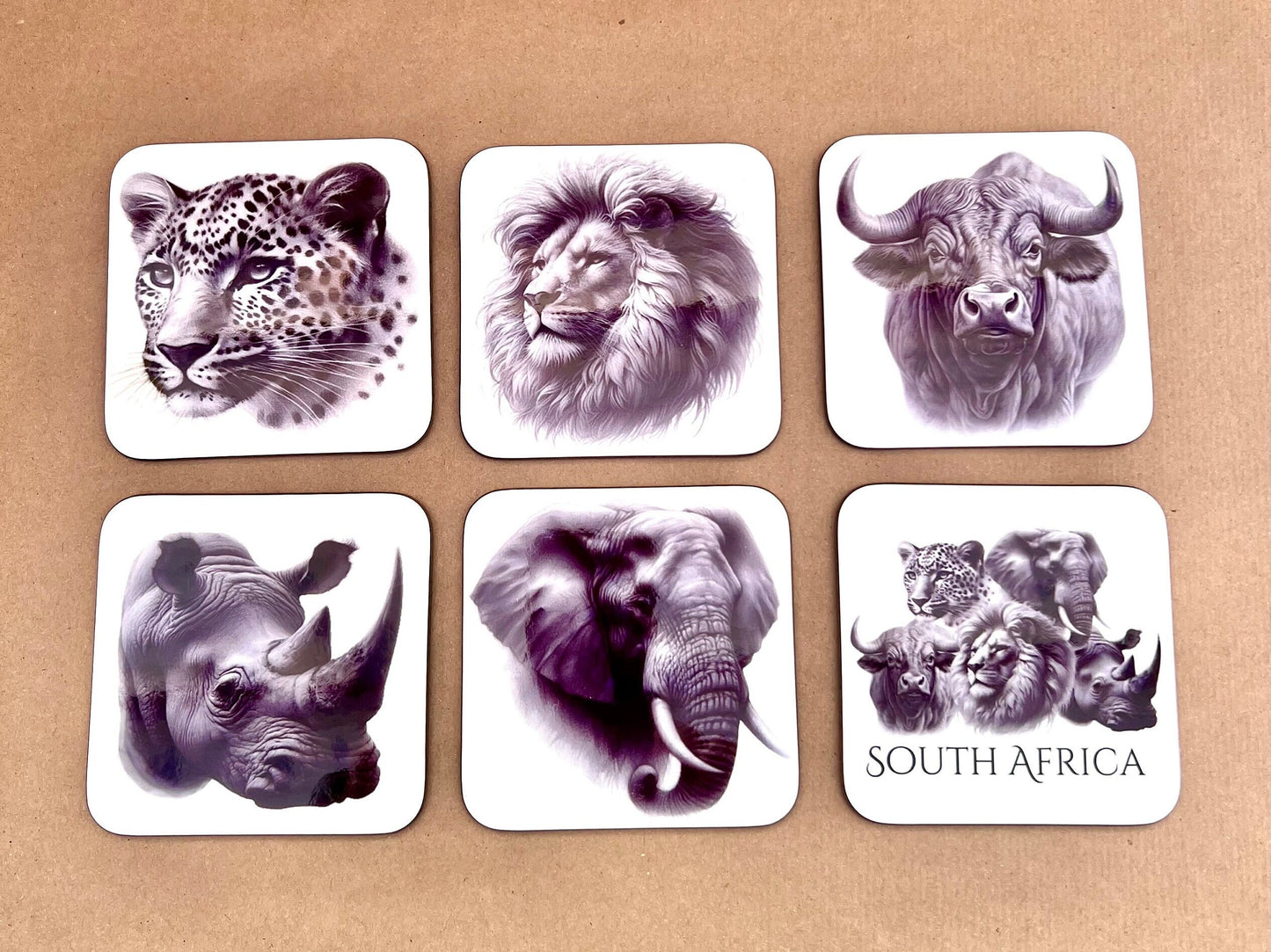 Coasters Set of Six South African Animals Big Five Sketch Art Elephant Rhino Lion Buffalo Leopard Gift for Him Dad Father's Day New Home