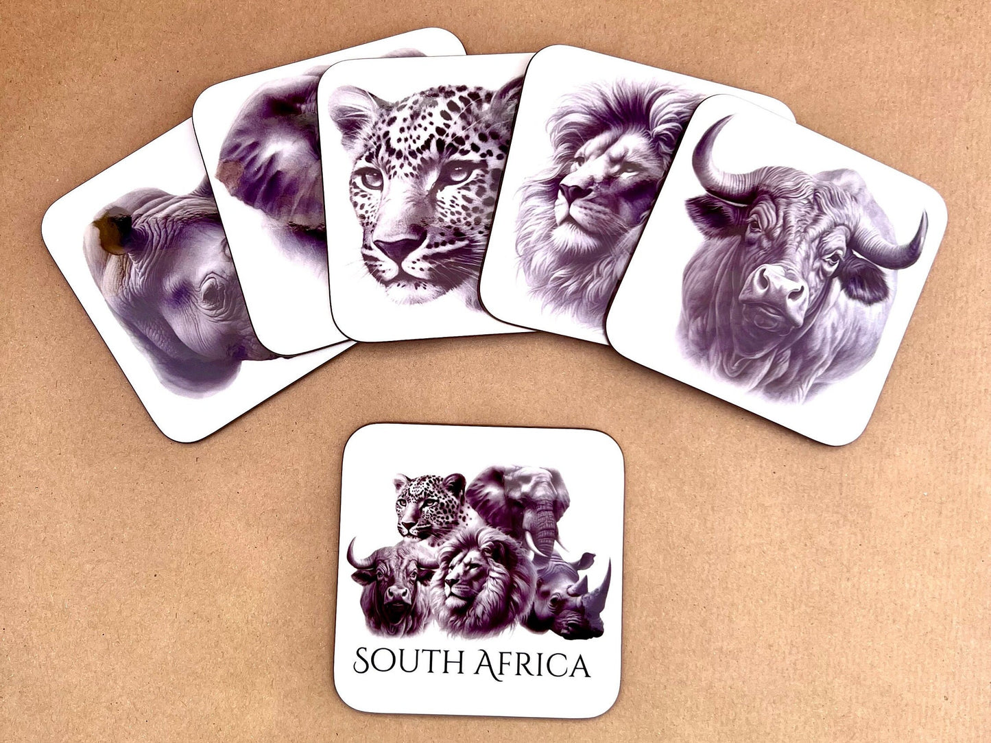 Coasters Set of Six South African Animals Big Five Sketch Art Elephant Rhino Lion Buffalo Leopard Gift for Him Dad Father's Day New Home