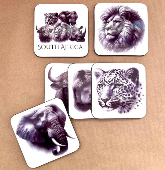 Coasters Set of Six South African Animals Big Five Sketch Art Elephant Rhino Lion Buffalo Leopard Gift for Him Dad Father's Day New Home