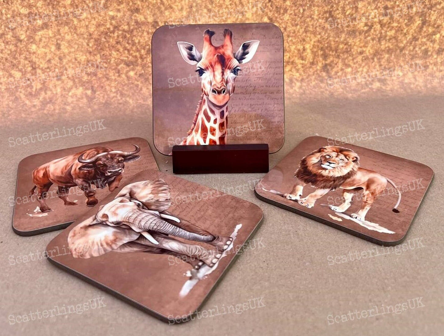 African animals coasters set of 4 elephant lion buffalo giraffe South African gift for him bar with display stand