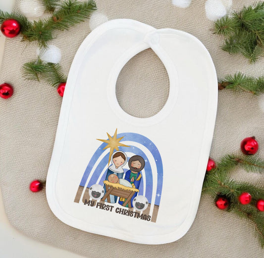 Nativity Bib My First Christmas New Baby Shower Christening keepsake Gender Neutral Christian Gift