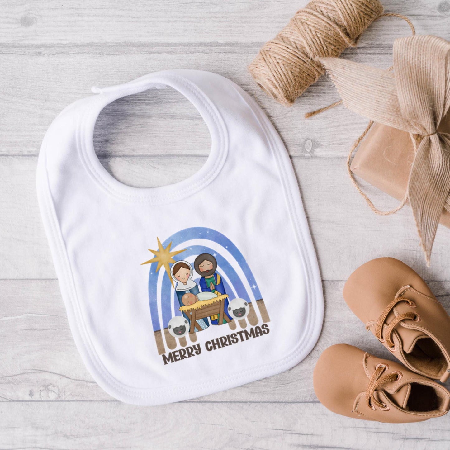 Nativity Bib My First Christmas New Baby Shower Christening keepsake Gender Neutral Christian Gift