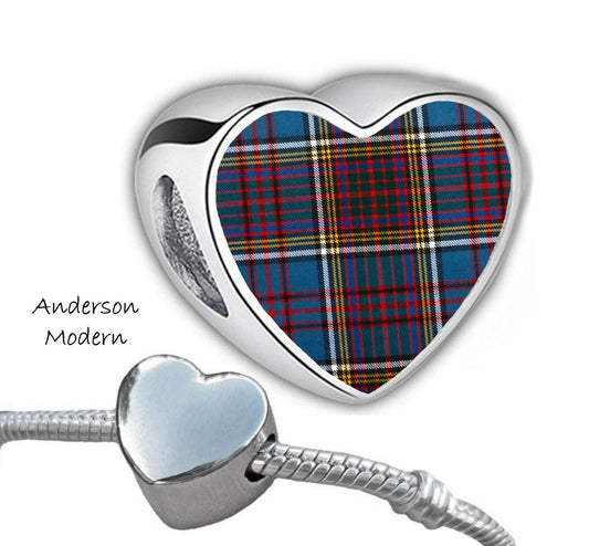 Anderson Clan Scots tartans heart shaped stainless steel Addon charm large hole bead custom Christmas Valentine Gift for her Mum CHARM ONLY