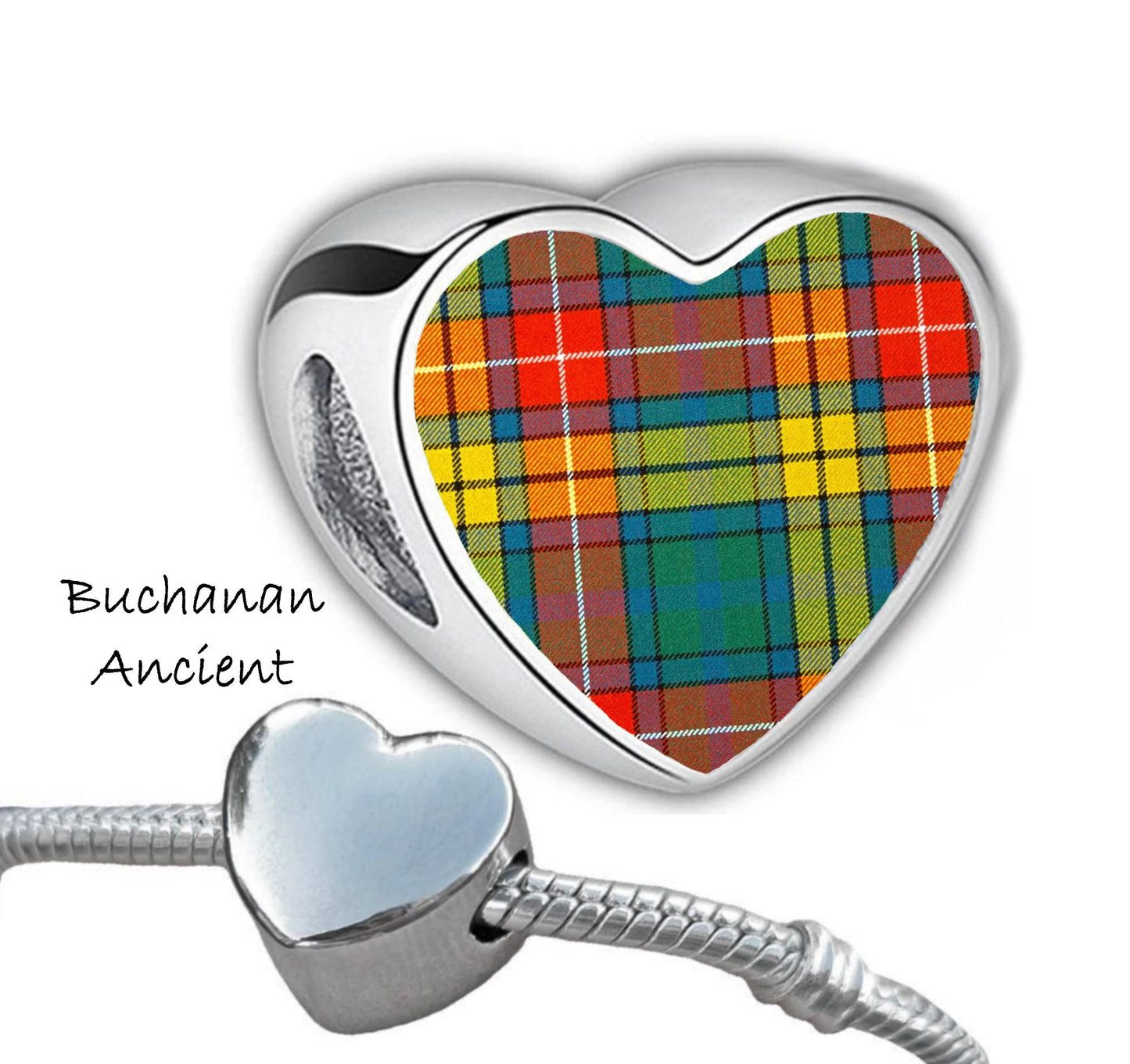 Buchanan Clan Scots tartan heart shaped stainless steel Addon charm large hole bead custom Christmas Valentine's Gift for her Mum CHARM ONLY