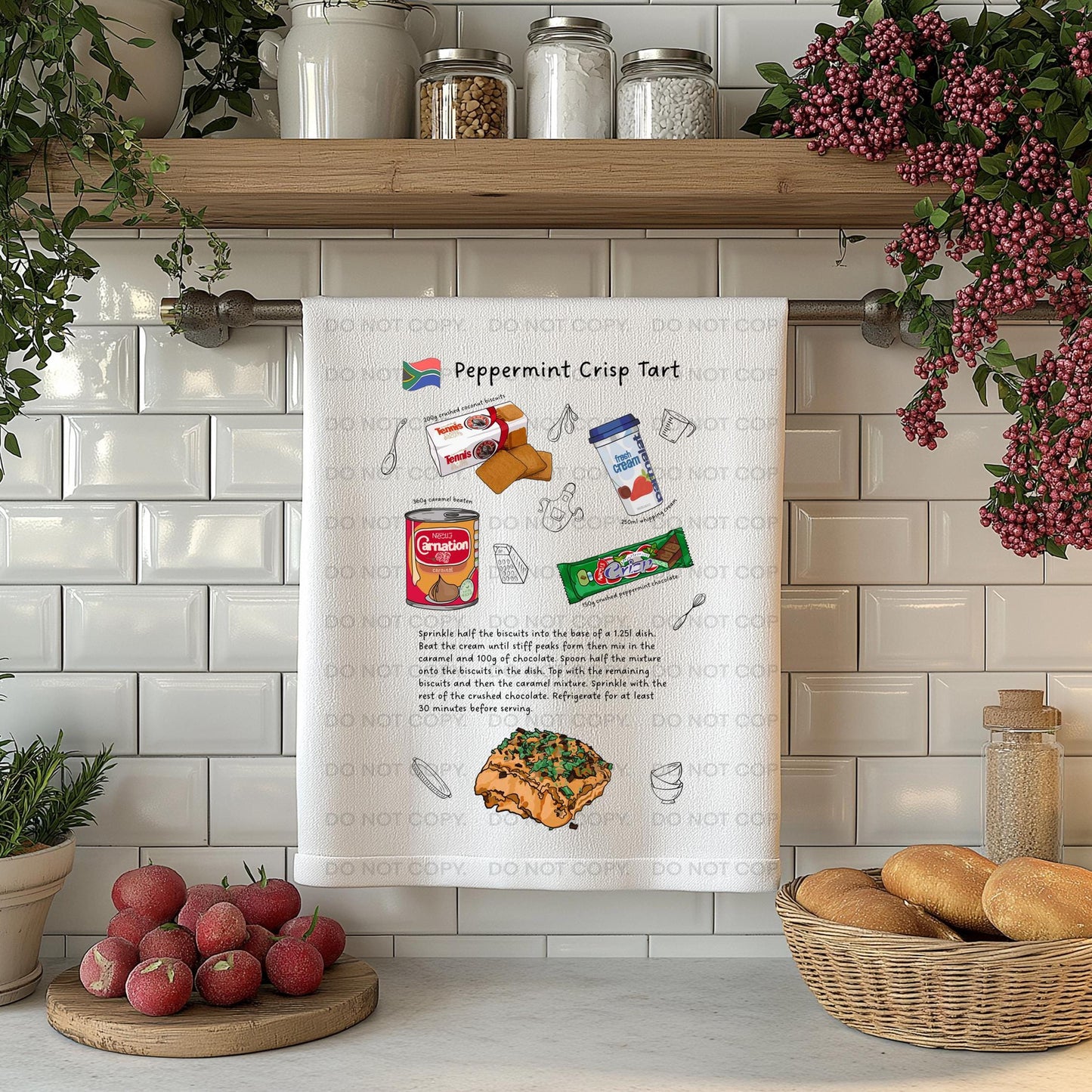 Peppermint Crisp Tart Pudding Tea Towel South African Recipe Bar Dish Cloth Hand Towel Housewarming New Home Kitchen Chef Gift Braai BBQ