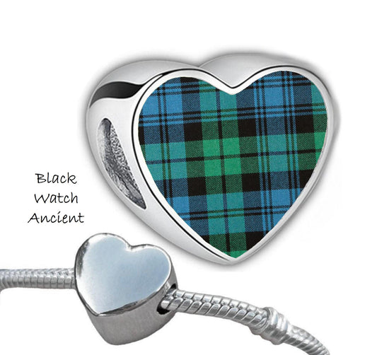 Black Watch Clan Scots tartans heart shaped stainless steel bracelet add on charm large hole bead Christmas Valentine Gift for her Mum