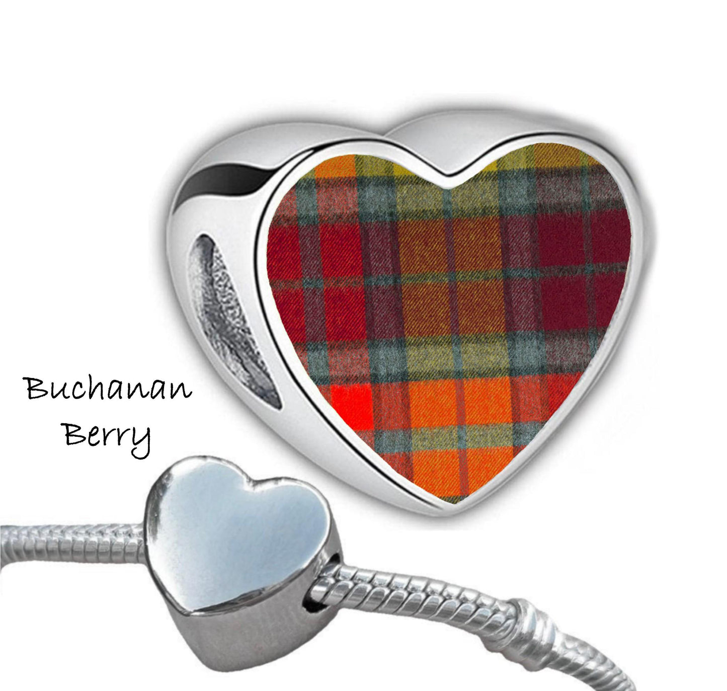 Buchanan Clan Scots tartan heart shaped stainless steel Addon charm large hole bead custom Christmas Valentine's Gift for her Mum CHARM ONLY
