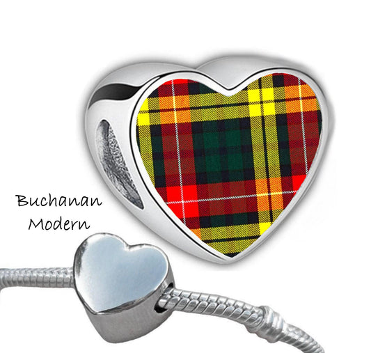 Buchanan Clan Scots tartan heart shaped stainless steel Addon charm large hole bead custom Christmas Valentine's Gift for her Mum CHARM ONLY