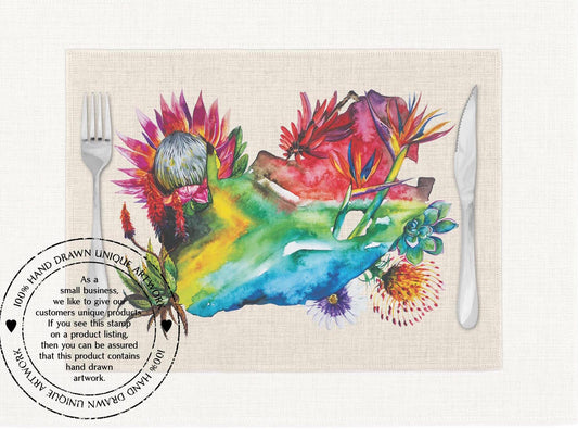 Floral Map of South Africa design with Protea Fynbos Strelitzia Red Hot Poker succulents placemat, cream linen placemat table mat. Flag Art