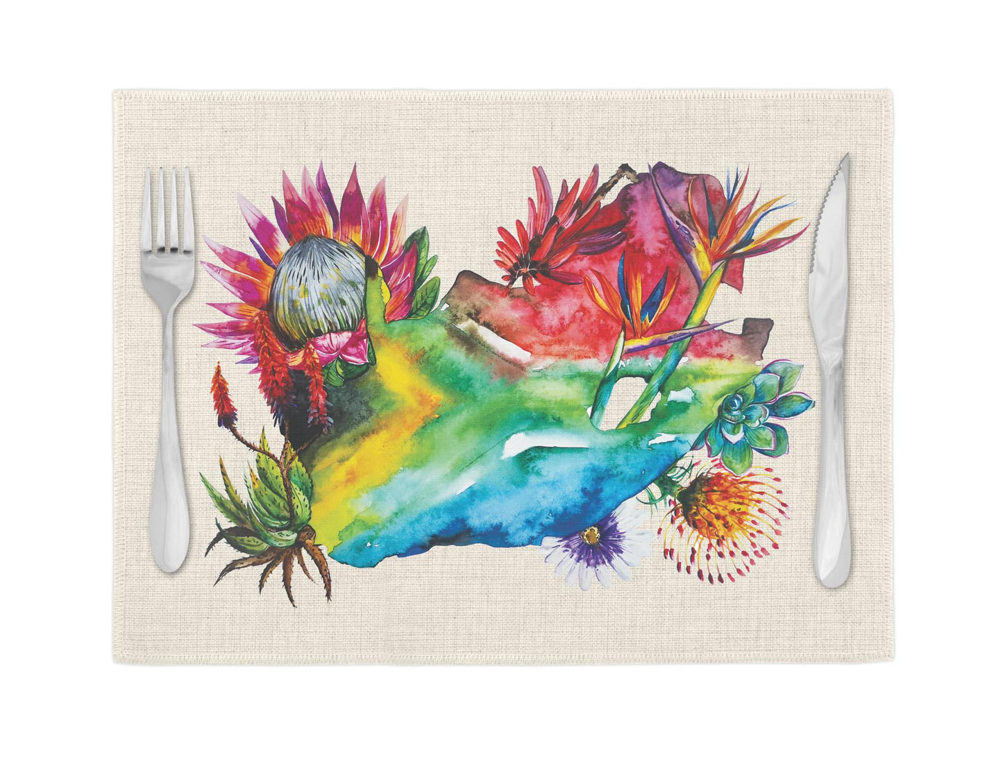 Floral Map of South Africa design with Protea Fynbos Strelitzia Red Hot Poker succulents placemat, cream linen placemat table mat. Flag Art