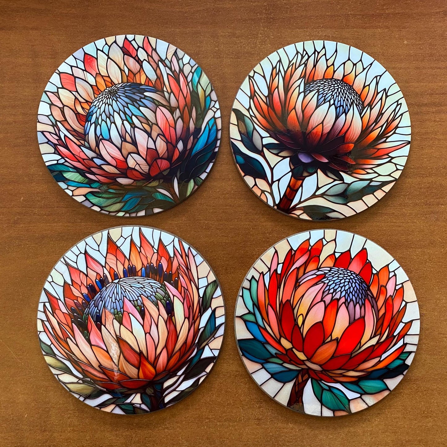 Coasters Round Protea South African Australian Flowers Painting Set of 4 New Home Gift for Her Birthday Wooden Dining Home Decor Mug Mat