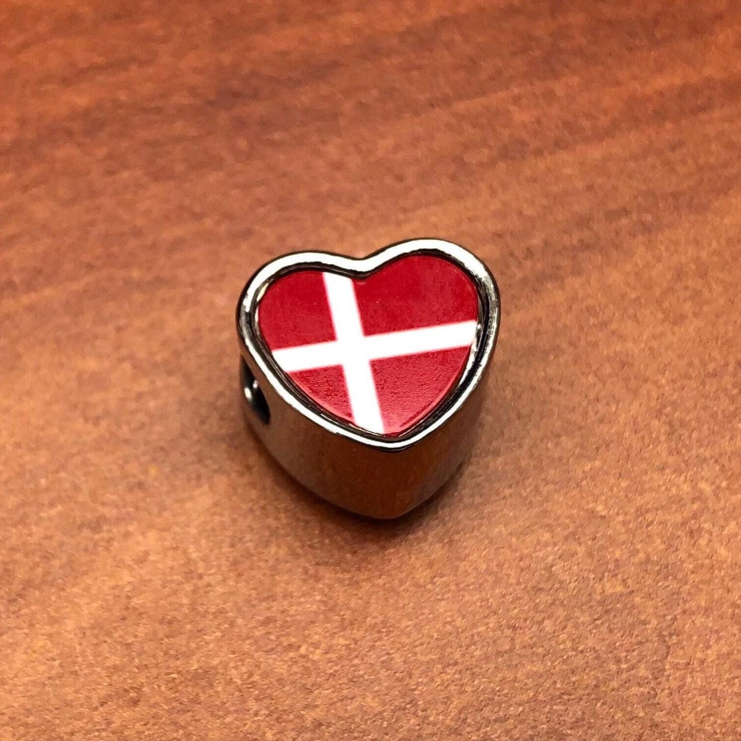 Denmark Danish Flag bracelet stainless steel heart shaped charm Addon charm Large hole bead Valentine Gift for mom mum Personalised Charm