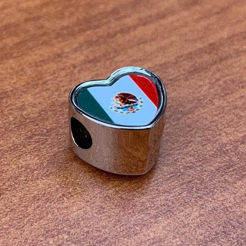 Mexico Mexican flag heart bracelet stainless steel charm bead. Personalised Add on charm Large hole Valentine’s gift for mom mum CHARM ONLY