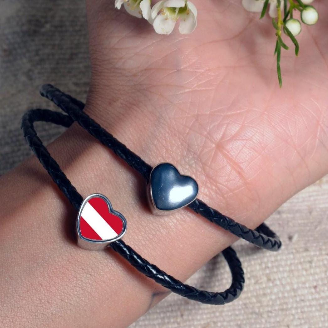 Austrian Austria Flag heart shaped bracelet stainless steel charm bead Christmas Birthday Valentine’s Day gift. CHARM ONLY