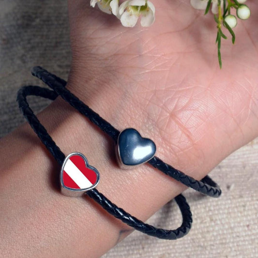 Austrian Austria Flag heart shaped bracelet stainless steel charm bead Christmas Birthday Valentine’s Day gift. CHARM ONLY