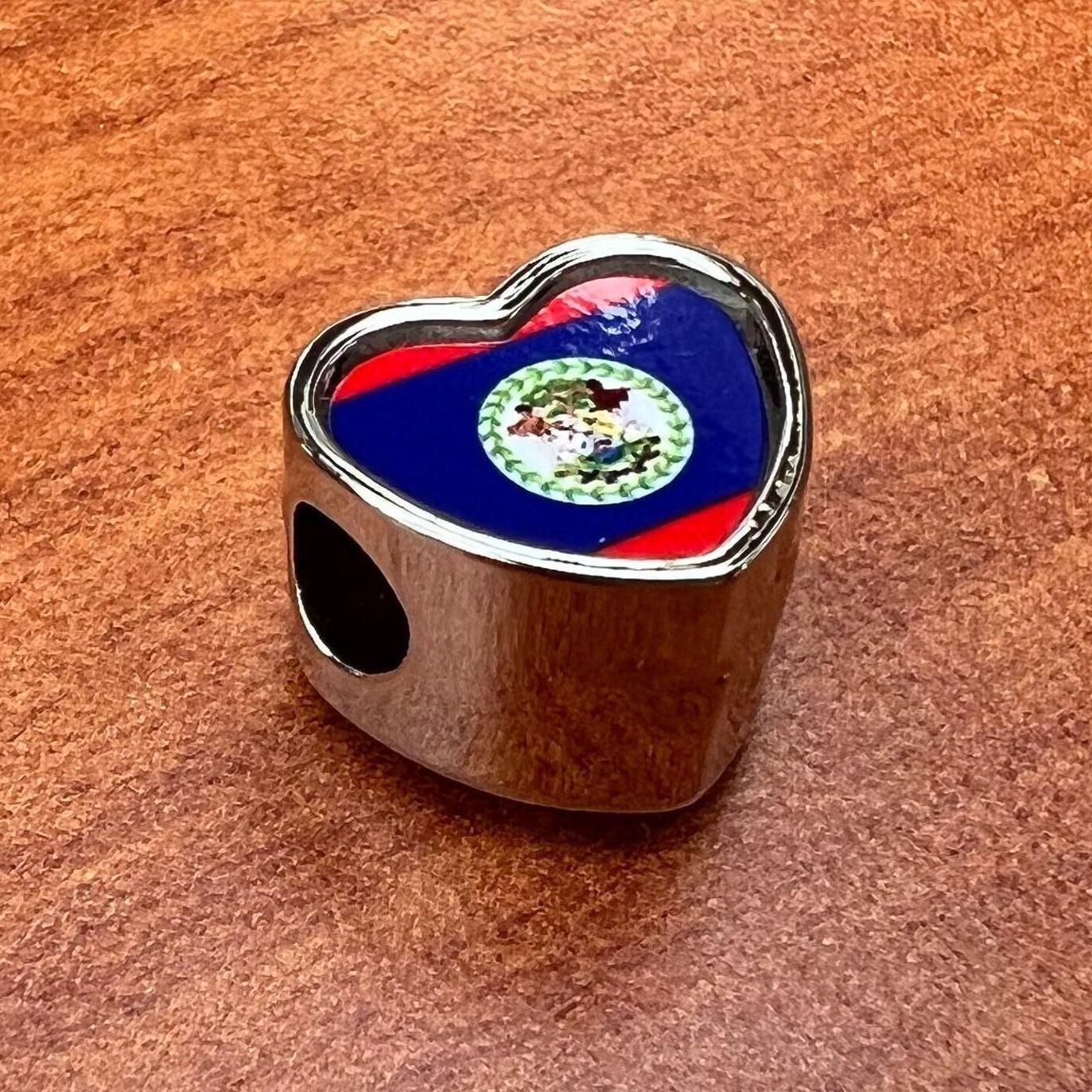 Belize Flag heart charm bead. Personalised stainless steel Charm bead. Large hole charm bead. Valentine’s gift. Add on bead. CHARM ONLY