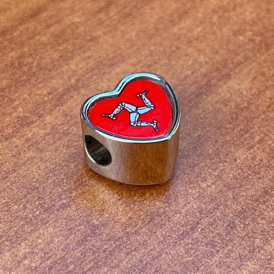 Isle of Man Manx flag heart shaped bracelet stainless steel charm bead charm Addon Large hole  Valentine’s Gift for mom mum CHARM ONLY