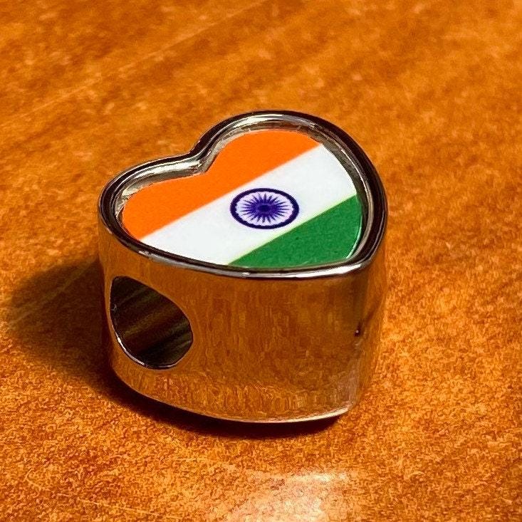India heart shaped bracelet stainless steel charm bead Indian Flag personalised charm Large hole Valentine Gift for mom mum. CHARM ONLY