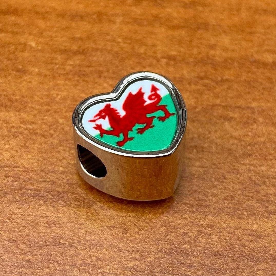 Cymru Wales Welsh dragon Flag heart stainless steel charm bead Personalised Charm Add on charm Large hole bead Valentine’s gift for mom mum