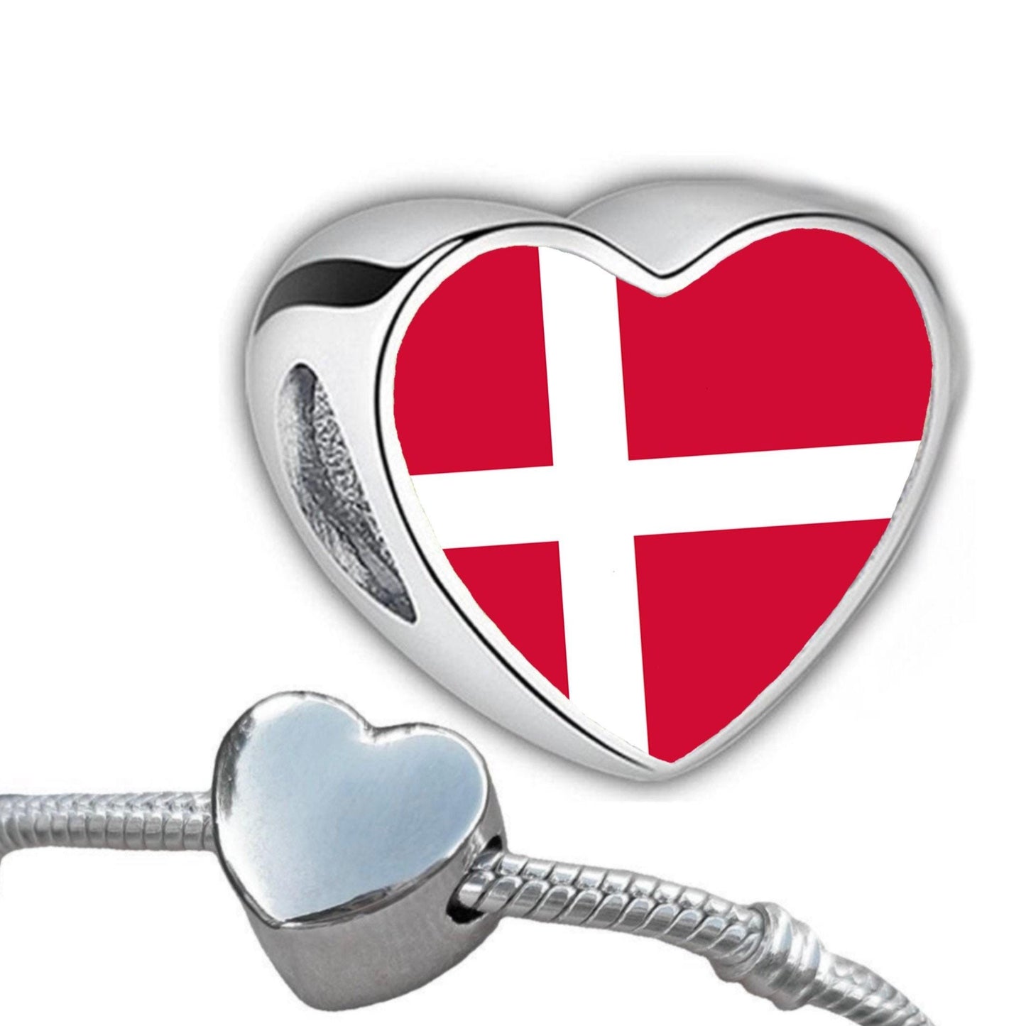 Denmark Danish Flag bracelet stainless steel heart shaped charm Addon charm Large hole bead Valentine Gift for mom mum Personalised Charm