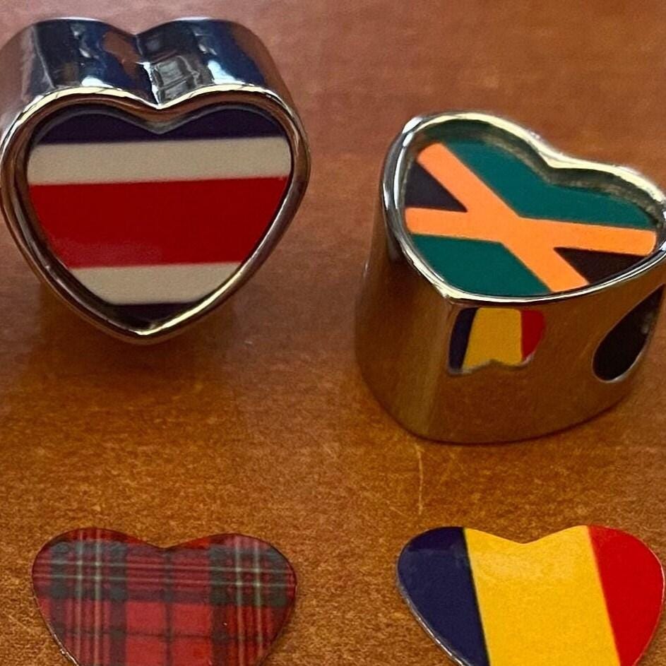Double sided heart bracelet charm world flags two countries Large hole Add on bracelet bead Gift Valentine's Mother's Day. CHARM ONLY