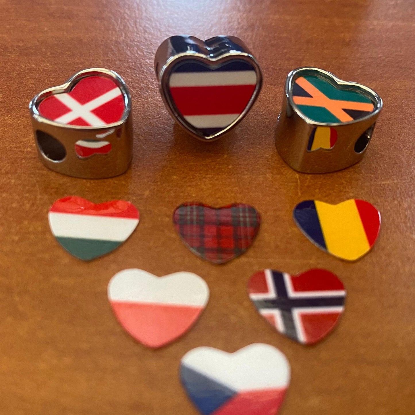 Double sided heart bracelet charm world flags two countries Large hole Add on bracelet bead Gift Valentine's Mother's Day. CHARM ONLY