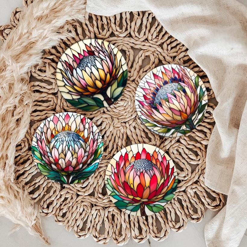 Coasters Round Protea South African Australian Flowers Painting Set of 4 New Home Gift for Her Birthday Wooden Dining Home Decor Mug Mat