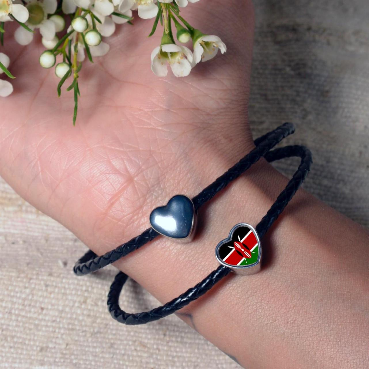 Kenyan Kenya Flag bracelet stainless steel charm bead heart shaped Personalised Add on Large hole Valentine gift for mum mom CHARM ONLY