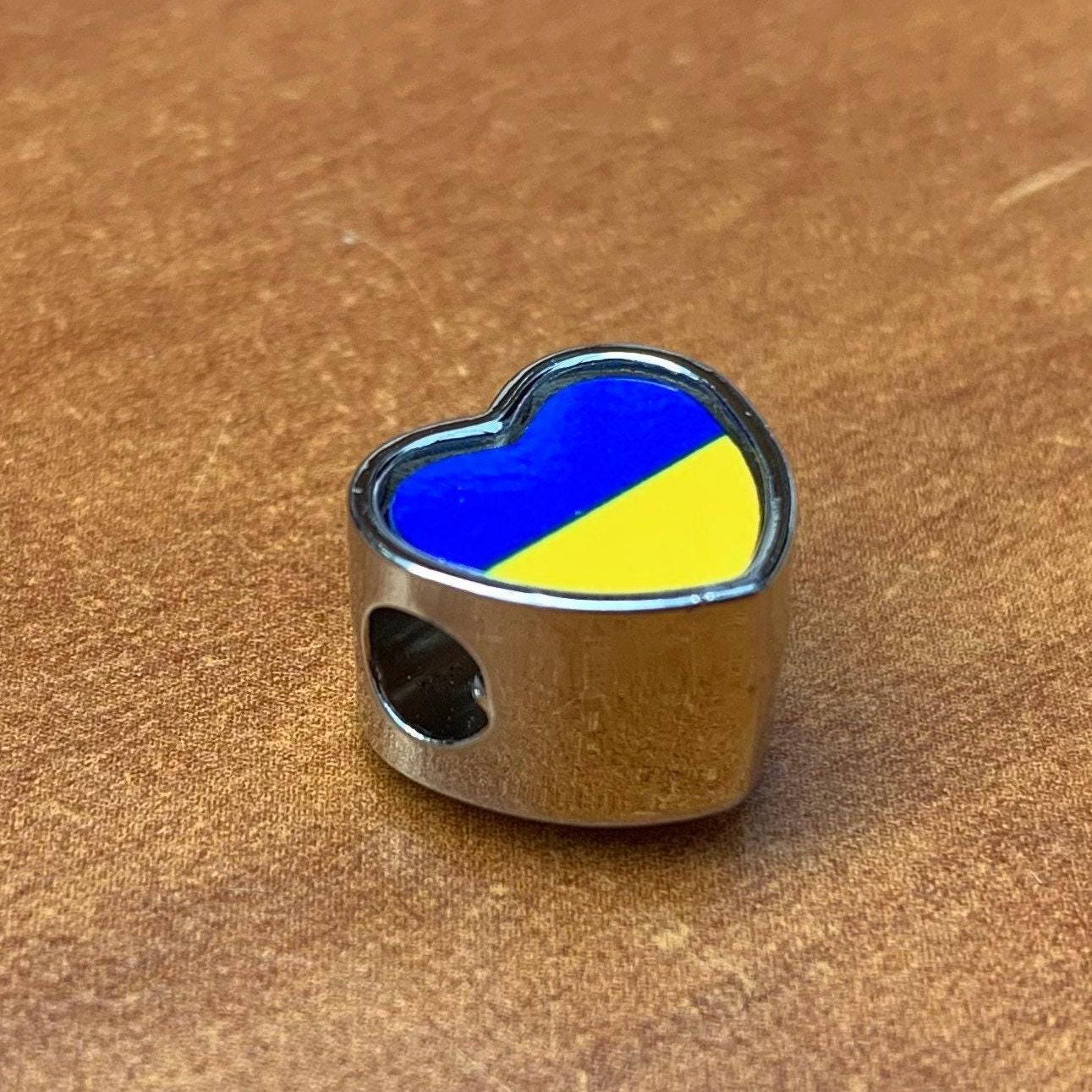 Ukraine heart shaped bracelet charm. Personalised stainless steel large hole bead charm. Ukrainian flag charm.