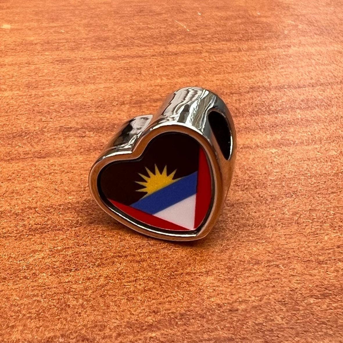 Antigua and Barbuda Flag heart charm bead  Flag Bead stainless steel charm. Add on bead. CHARM ONLY
