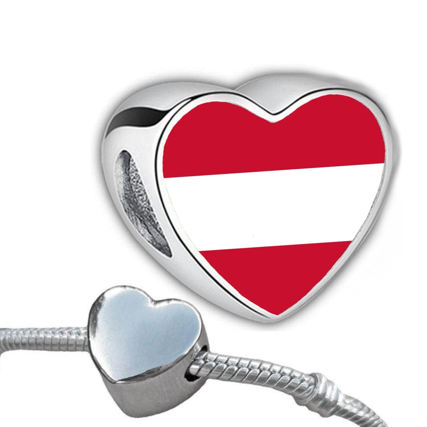 Austrian Austria Flag heart shaped bracelet stainless steel charm bead Christmas Birthday Valentine’s Day gift. CHARM ONLY