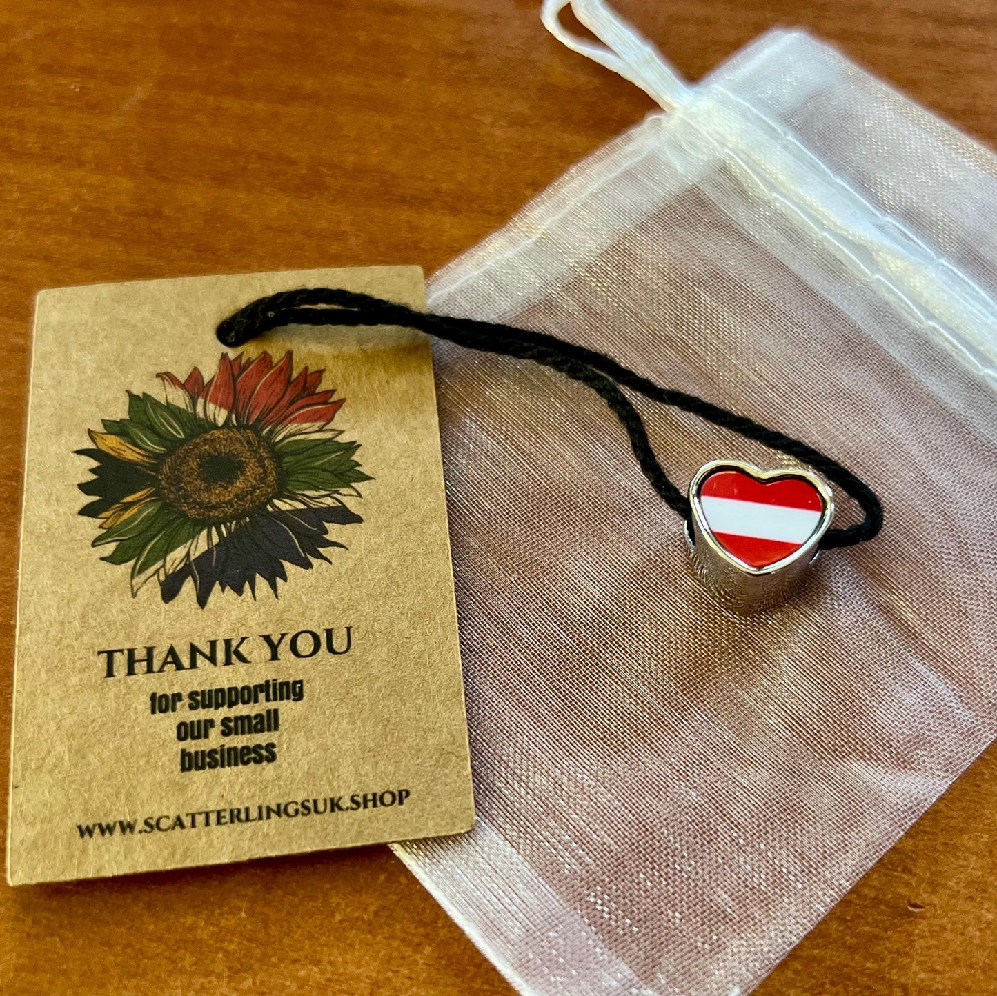 Austrian Austria Flag heart shaped bracelet stainless steel charm bead Christmas Birthday Valentine’s Day gift. CHARM ONLY