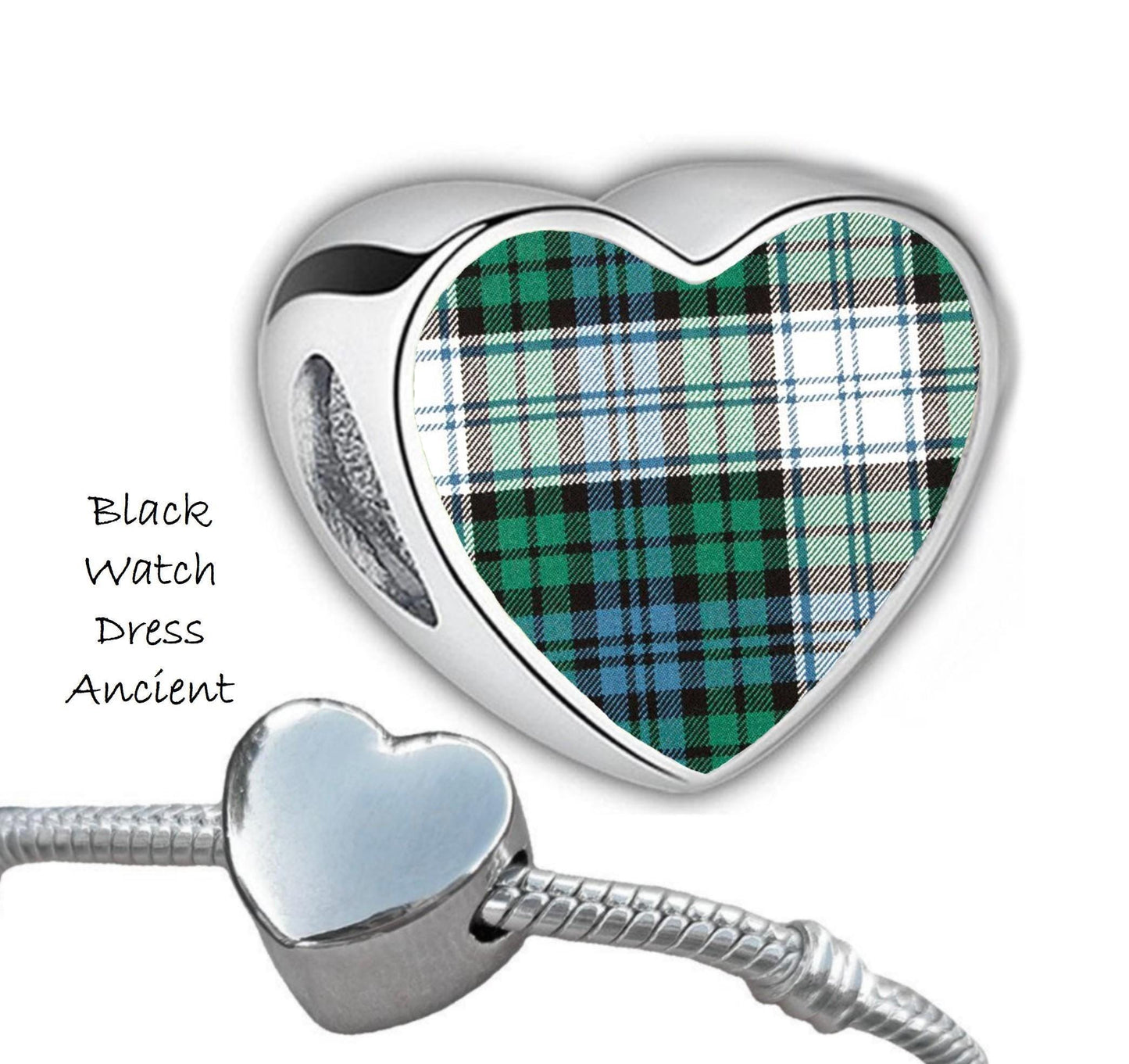 Black Watch Clan Scots tartans heart shaped stainless steel bracelet add on charm large hole bead Christmas Valentine Gift for her Mum