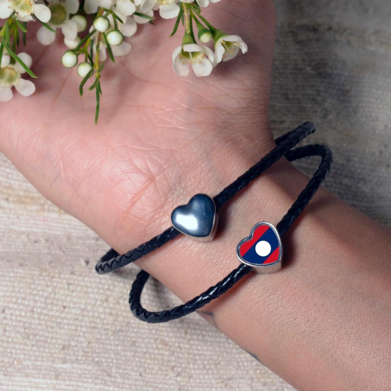 Laos flag heart shaped bracelet stainless steel charm bead Personalised Add on charm Large hole bead Valentine’s gift for mom mum CHARM ONLY