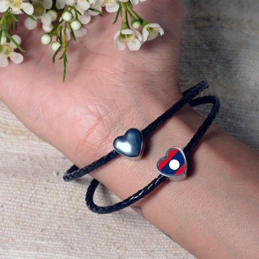 Laos flag heart shaped bracelet stainless steel charm bead Personalised Add on charm Large hole bead Valentine’s gift for mom mum CHARM ONLY