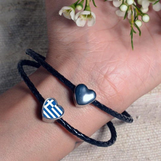 Greece Greek Flag heart bracelet stainless steel charm bead Personalised add on Large hole bead Valentine’s gift for mom mum CHARM ONLY