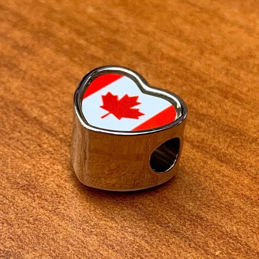 Canadian Canada Flag heart shaped stainless steel charm bead Personalised Charm Addon charm Large hole bead Valentine’s gift for mom mum