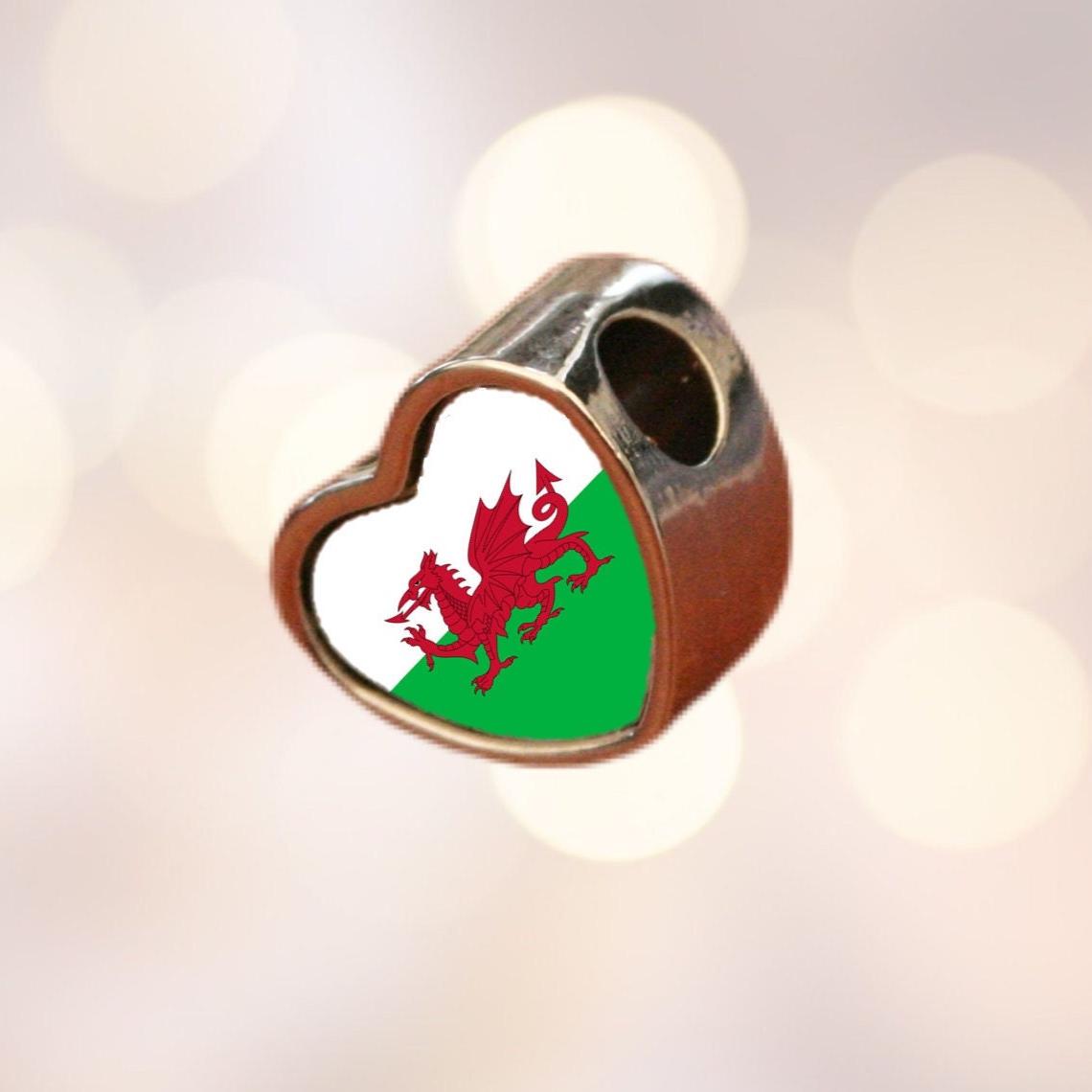 Cymru Wales Welsh dragon Flag heart stainless steel charm bead Personalised Charm Add on charm Large hole bead Valentine’s gift for mom mum