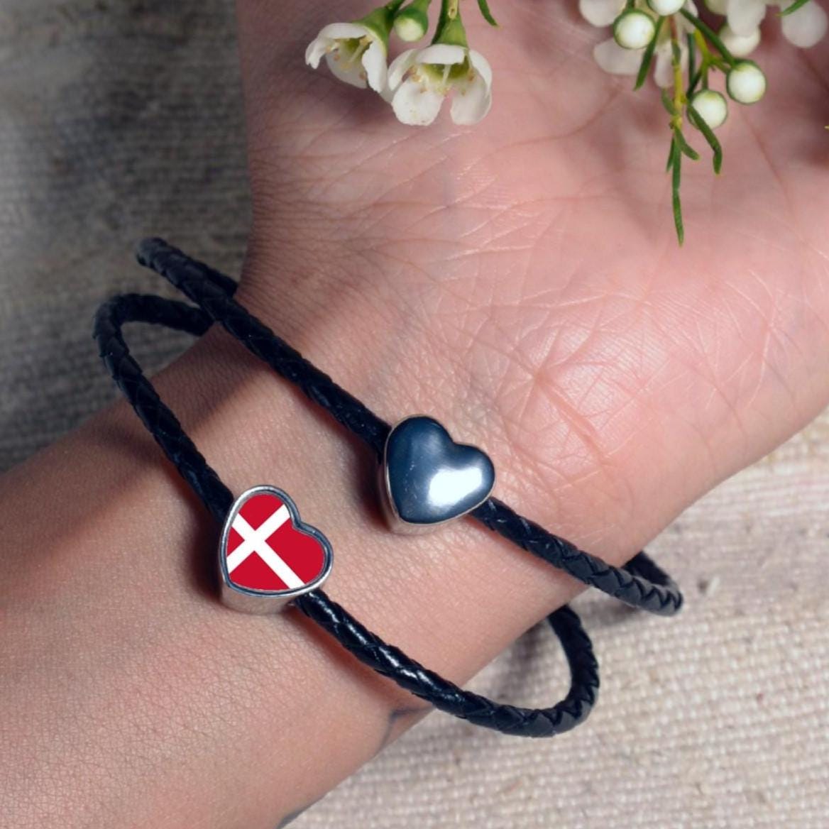 Denmark Danish Flag bracelet stainless steel heart shaped charm Addon charm Large hole bead Valentine Gift for mom mum Personalised Charm