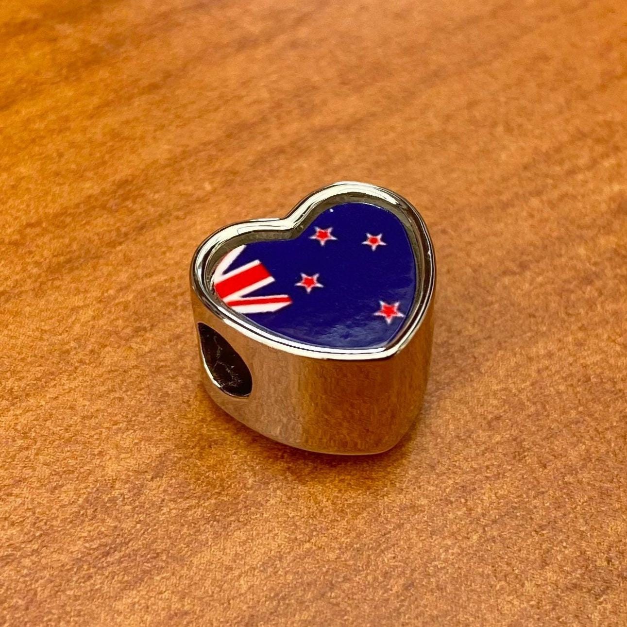 New Zealand Flag heart stainless steel charm bead Personalised Charm Add on bead Large hole bead Valentine’s gift for mom mum CHARM ONLY