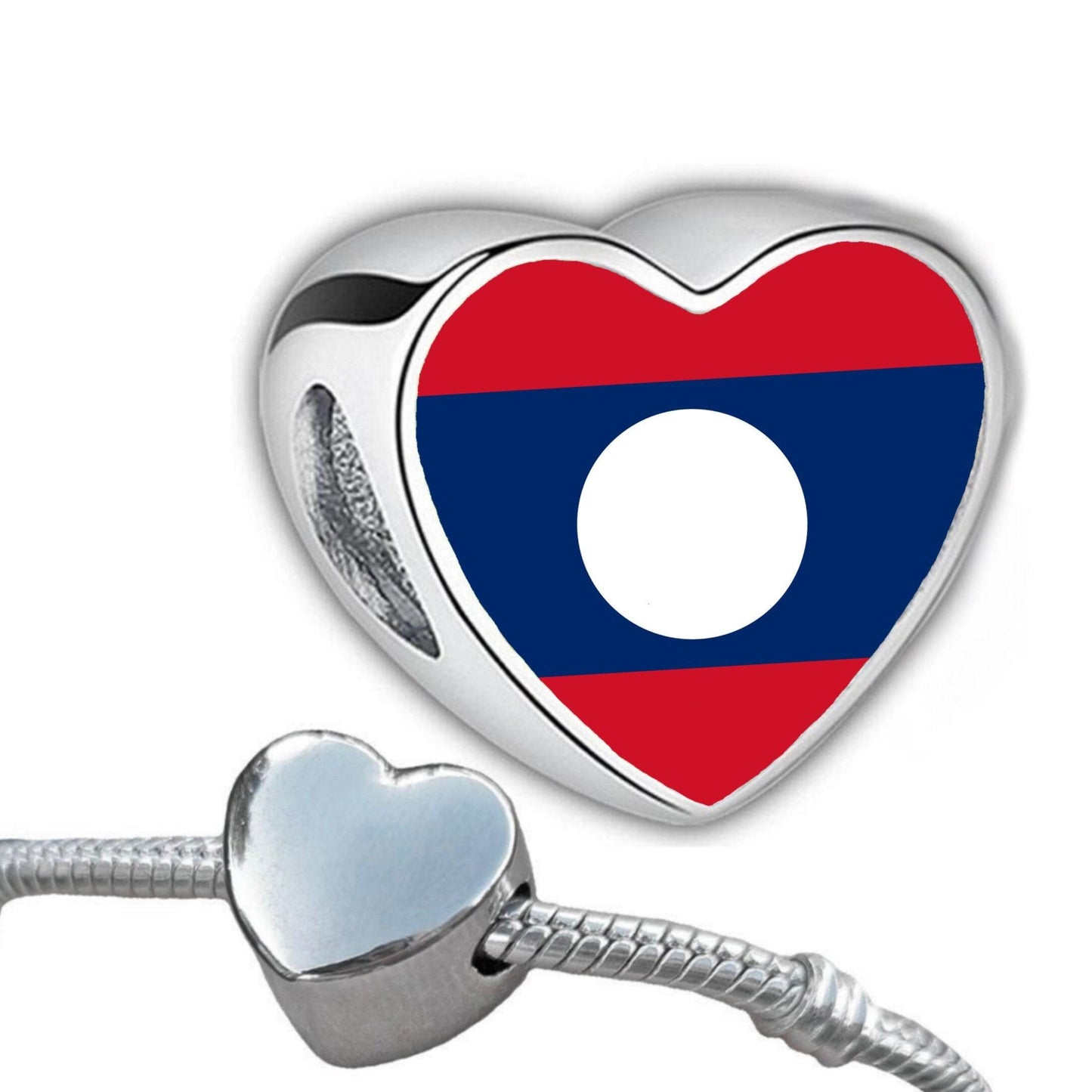 Laos flag heart shaped bracelet stainless steel charm bead Personalised Add on charm Large hole bead Valentine’s gift for mom mum CHARM ONLY
