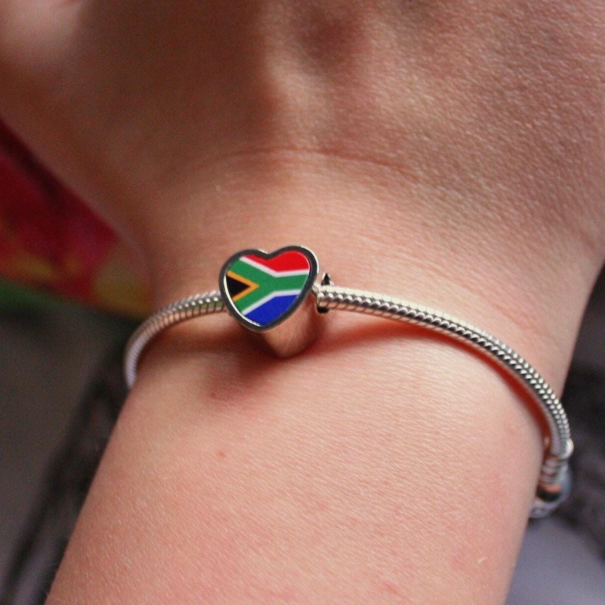 South Africa Flag heart shaped bracelet stainless steel charm bead Christmas Birthday Valentine Day gift Personalised South African charm