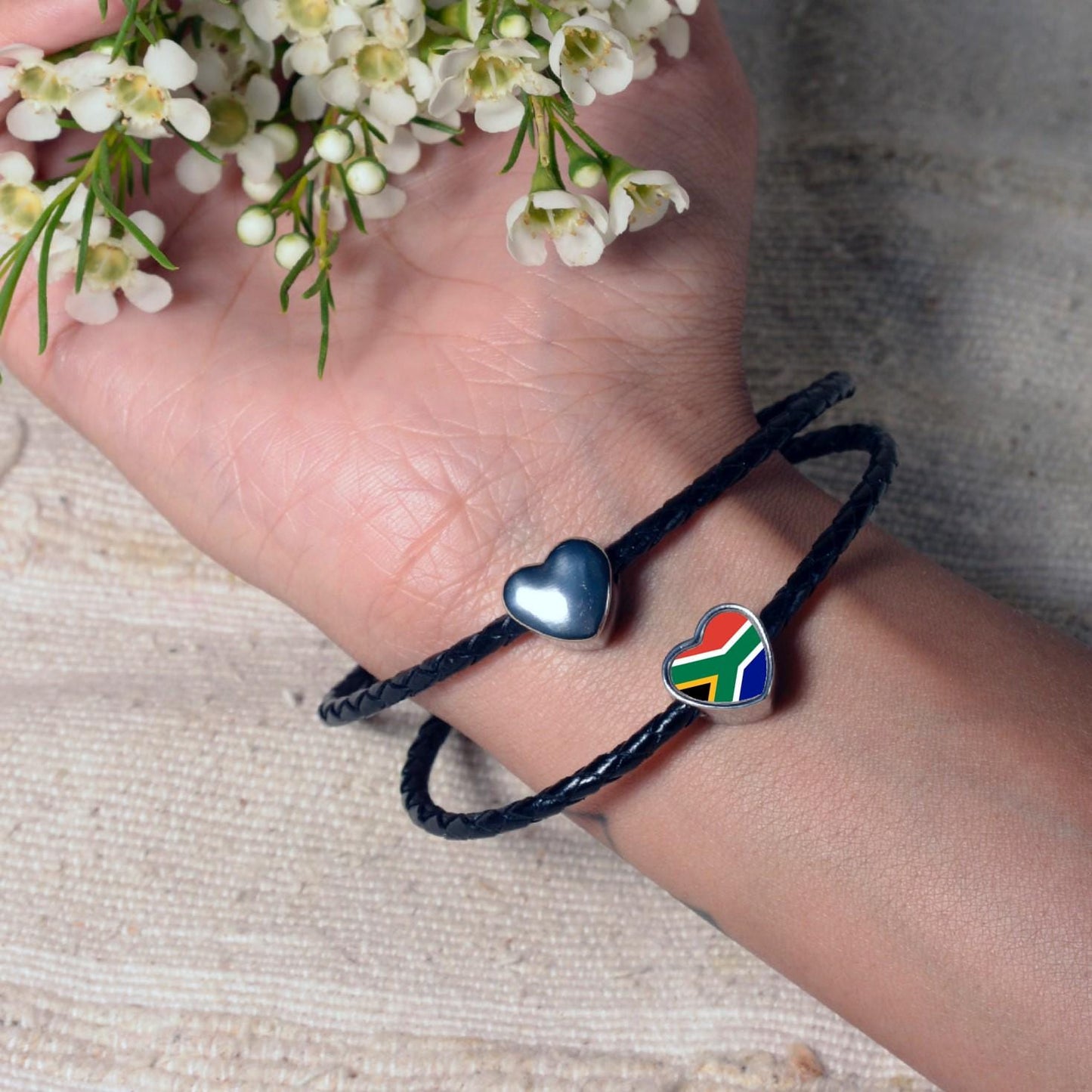 South Africa Flag heart shaped bracelet stainless steel charm bead Christmas Birthday Valentine Day gift Personalised Large hole add on bead