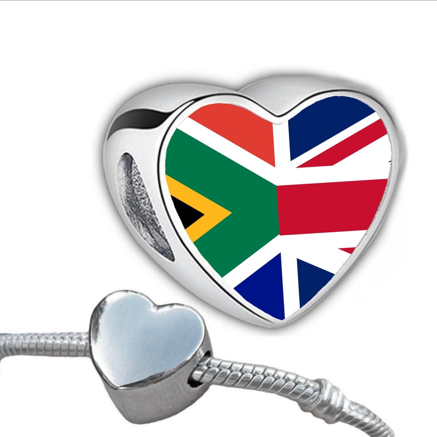 South Africa United Kingdom Union Jack blended Flag heart bracelet stainless steel charm bead Personalised Add on Large hole bead Valentine